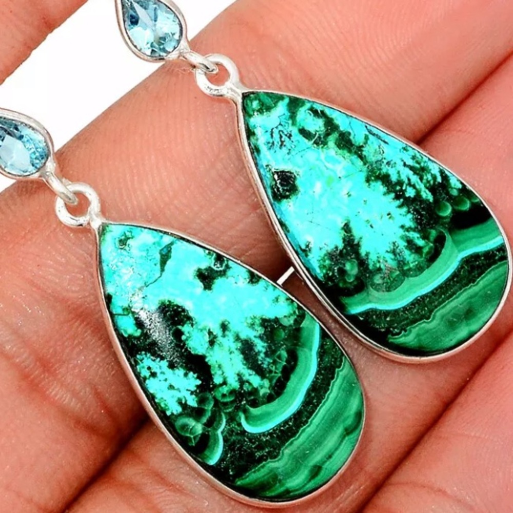Malachite in Chrysocolla gemstone silver earrings - Picture 2 of 2